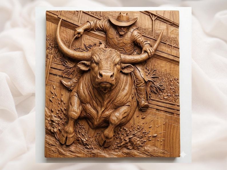 Carved wood bas-relief of a cowboy riding a charging longhorn bull in a rodeo arena