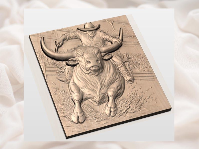 Rodeo Bull Rider on a Charging Longhorn Bas-Relief STL bas-relief STL — view 2