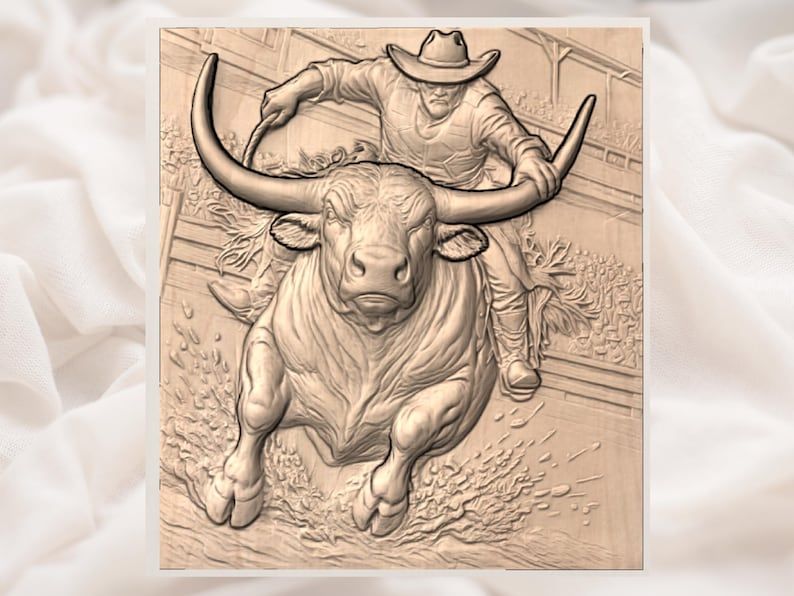Rodeo Bull Rider on a Charging Longhorn Bas-Relief STL bas-relief STL — view 3