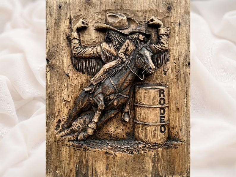 Carved wood relief of a cowgirl on horseback barrel racing around a steel barrel marked RODEO.