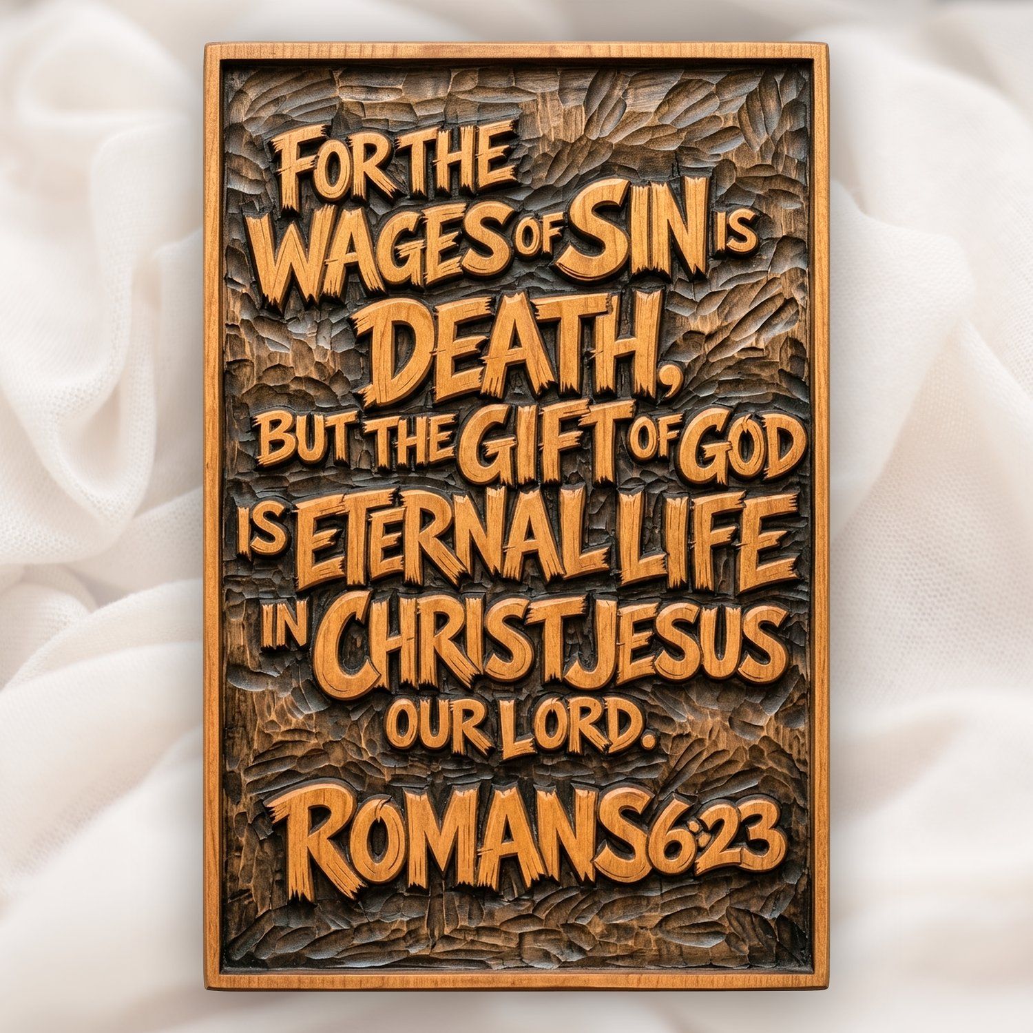 Romans 6:23 Scripture Verse CNC Relief STL | Christian Bible Quote Wall Art | Religious Wood Carving Panel — carved bas relief STL file for CNC