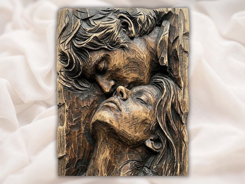 Bas-relief wood carving of a couple about to kiss, the man holding the woman with her head tilted back