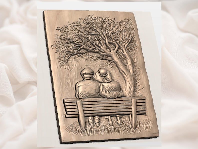 Elderly Couple on a Bench Under a Tree Bas-Relief STL bas-relief STL — view 2