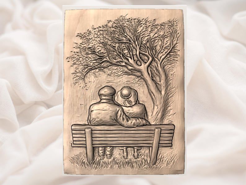 Elderly Couple on a Bench Under a Tree Bas-Relief STL bas-relief STL — view 3