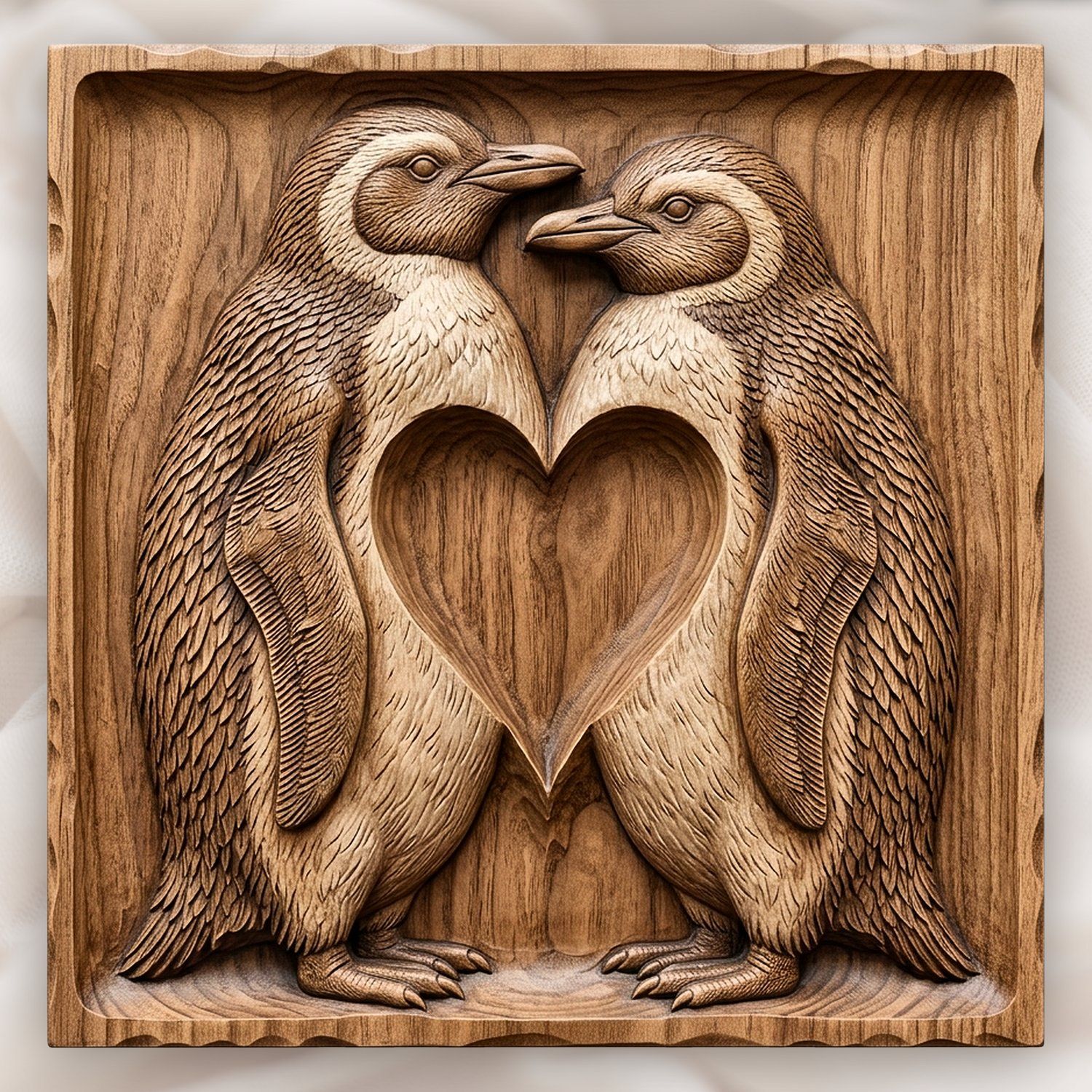 Romantic Penguins Heart CNC Relief STL | Wildlife Anniversary Wall Art | Nature Wood Carving Panel — carved bas relief STL file for CNC