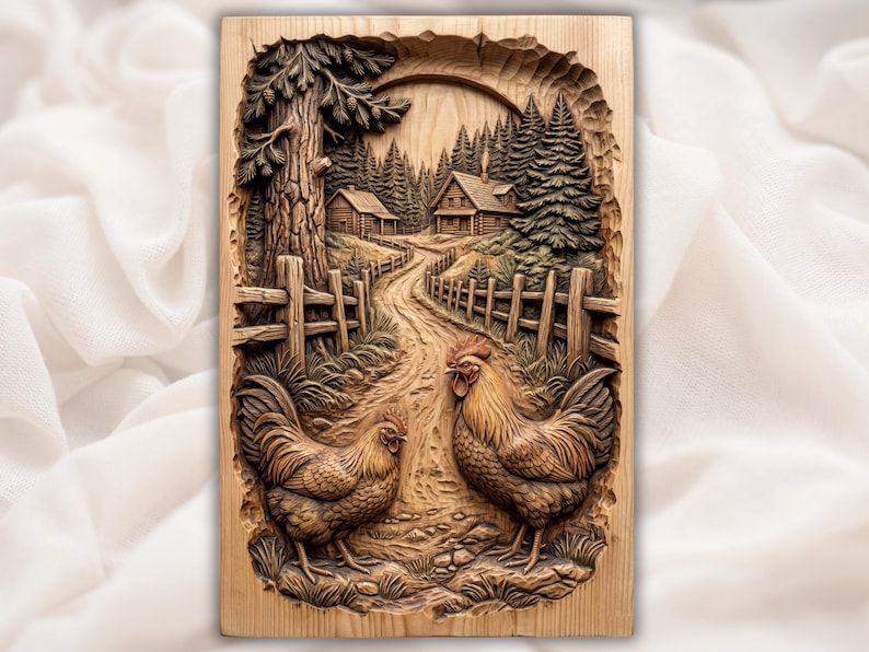 Carved bas-relief of a rooster and hen on a dirt lane with log cabins, fences, and pine trees