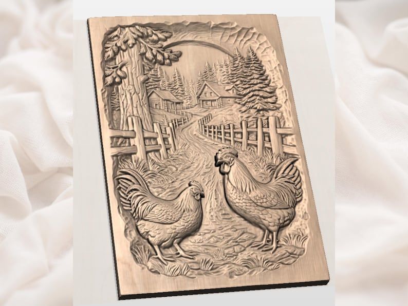 Rooster and Hen on a Country Lane Farmhouse Bas Relief STL bas-relief STL — view 2