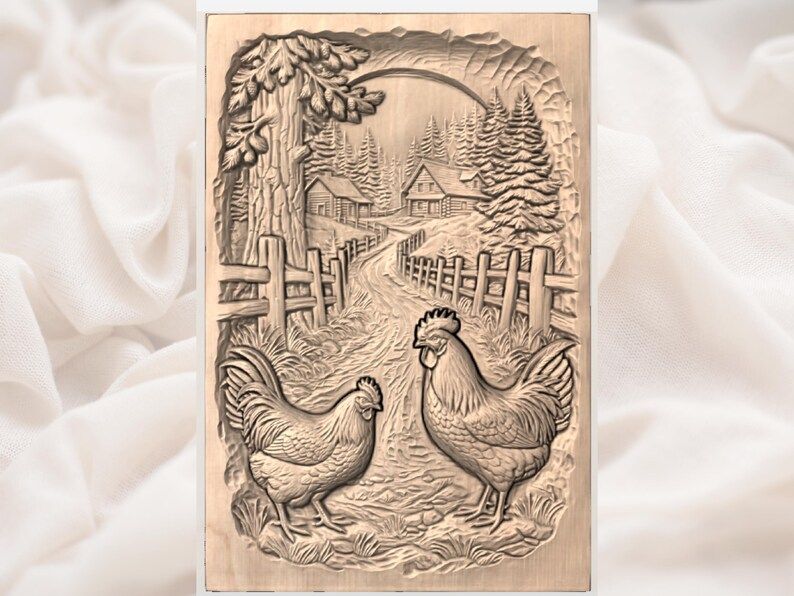 Rooster and Hen on a Country Lane Farmhouse Bas Relief STL bas-relief STL — view 3