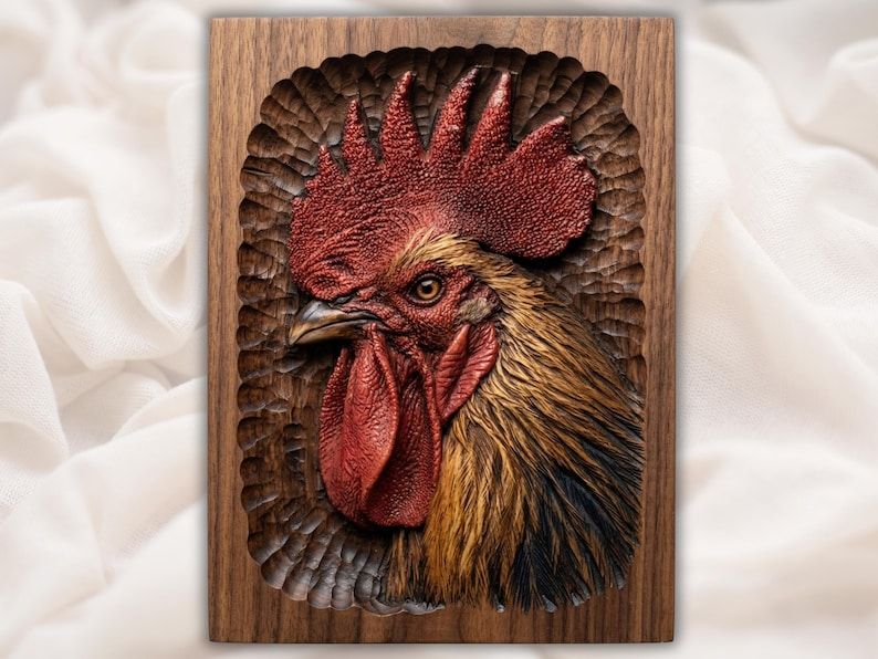 Carved wood bas-relief of a rooster head with red comb, wattles, and gold and black neck feathers on a walnut panel