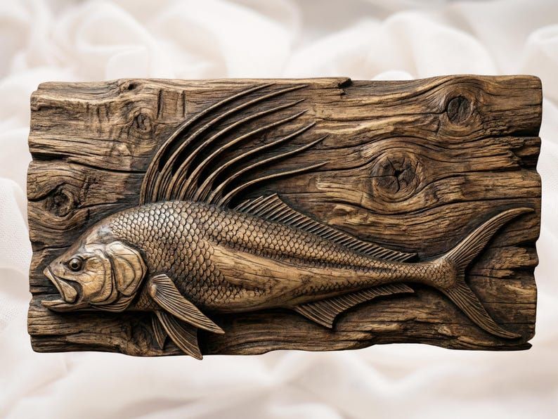 Carved roosterfish wood relief with tall spiky comb fin and detailed scales on a driftwood plank panel