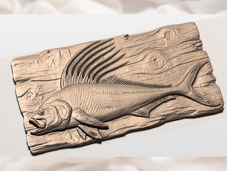 Roosterfish Bas-Relief STL with Comb Fin and Scale Detail bas-relief STL — view 3