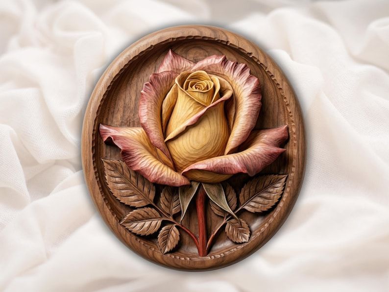 Bas-relief carving of an open rose with pink and gold petals and leaves inside an oval rope-edged wood plaque
