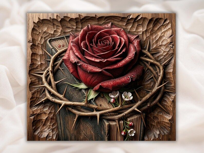 Bas-relief carving of a red rose inside a crown of thorns resting on an open Bible
