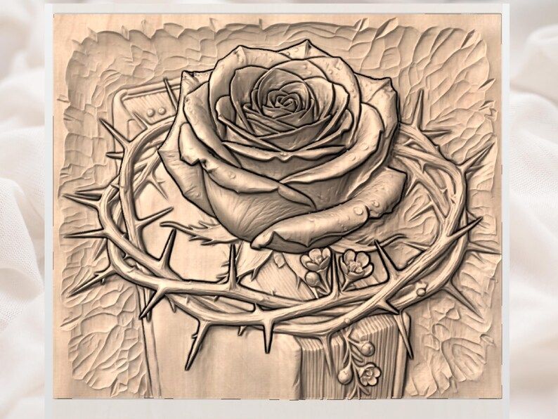 Red Rose and Crown of Thorns Bible Relief STL for CNC bas-relief STL — view 3