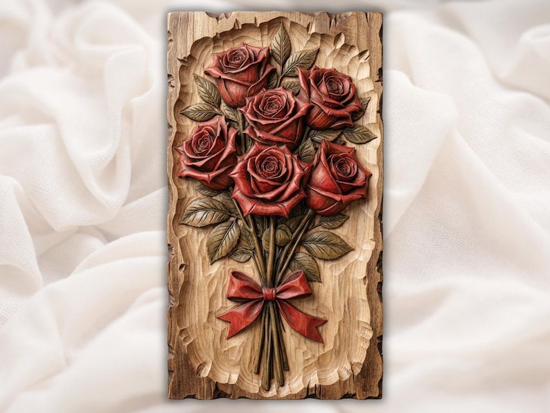 Bas-relief wood carving of six red roses in a bouquet tied with a ribbon bow on a live-edge panel