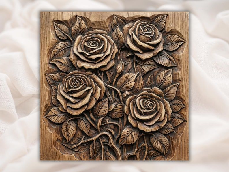 Bas-relief wood carving of four full-bloom roses with layered petals, veined leaves, and twisting stems.