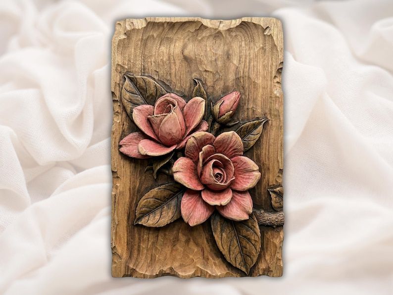 Bas-relief wood carving of two pink roses with layered petals and leaves on a grained wood panel