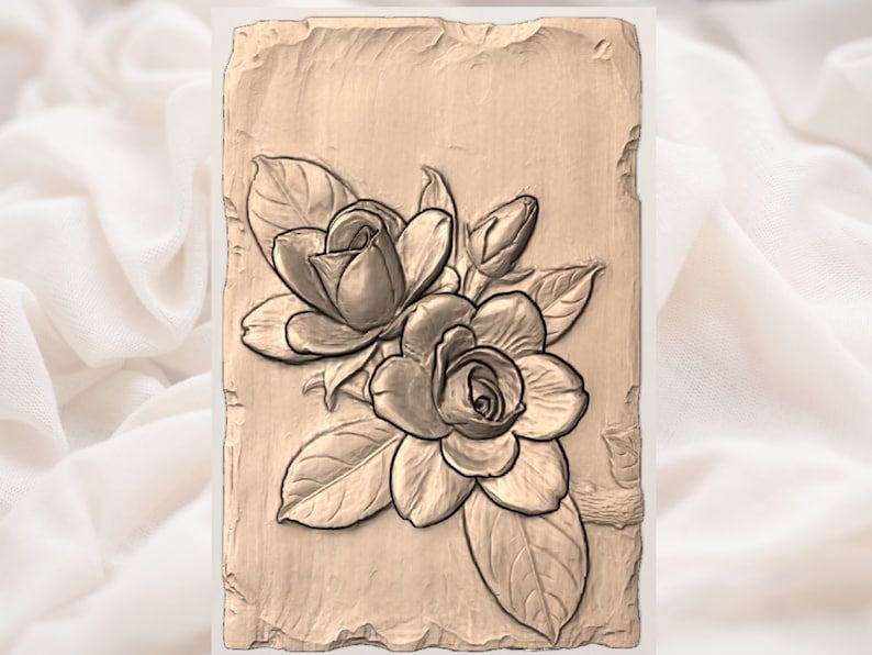 Twin Roses Bas-Relief STL, Layered Petals and Leaves Panel bas-relief STL — view 3