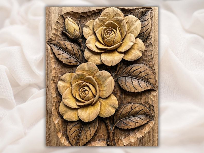 Bas-relief wood carving of two blooming garden roses with leaves and a bud on a recessed panel