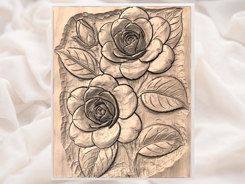 Twin Garden Roses Bas-Relief STL with Leaves and Bud bas-relief STL — view 2
