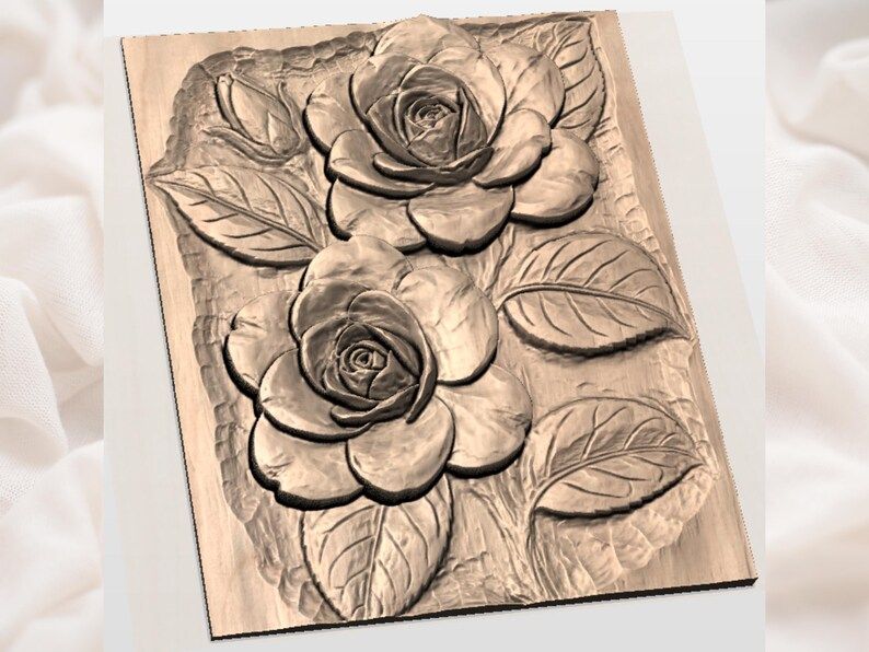 Twin Garden Roses Bas-Relief STL with Leaves and Bud bas-relief STL — view 3