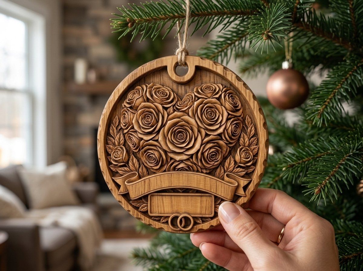 Roses Wedding Anniversary Our First Christmas Married Ornament CNC Relief STL bas-relief STL — view 11