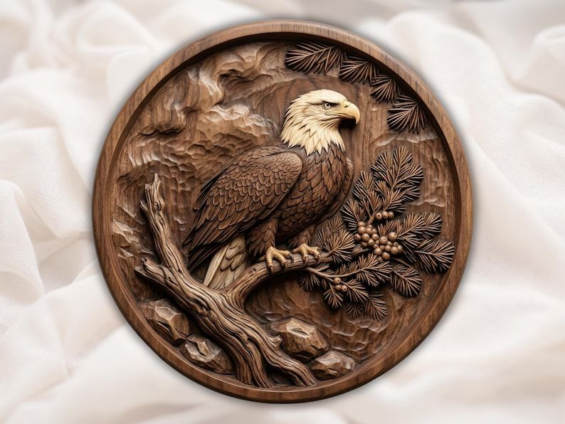 Round wood relief carving of a bald eagle perched on a branch with pine boughs, berries, and mountains behind