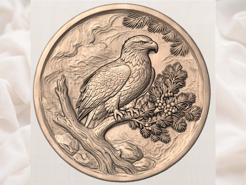 Bald Eagle on Pine Branch Round Relief STL for CNC Carving bas-relief STL — view 2
