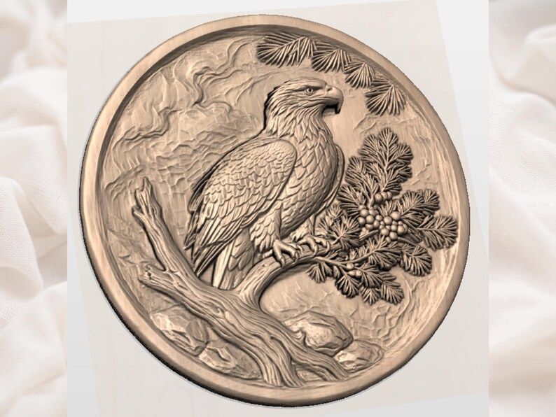Bald Eagle on Pine Branch Round Relief STL for CNC Carving bas-relief STL — view 3