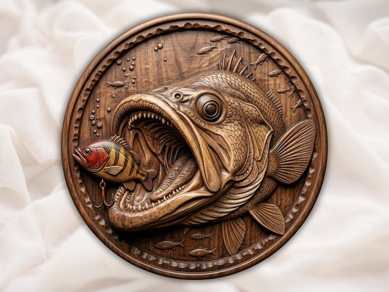 Round wood relief carving of a largemouth bass with open jaws striking a striped fishing lure
