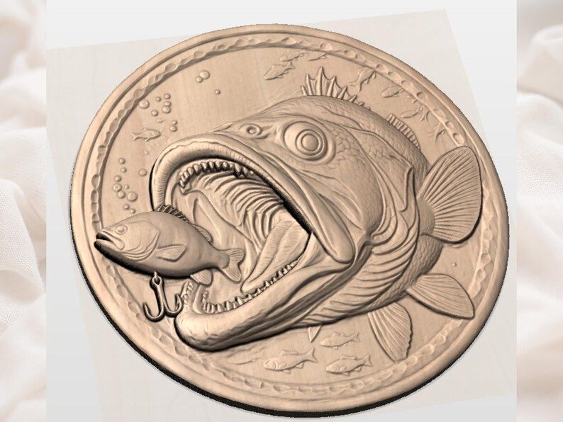 Largemouth Bass Striking a Lure Round Relief STL bas-relief STL — view 2