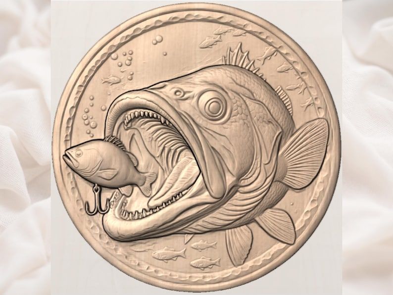 Largemouth Bass Striking a Lure Round Relief STL bas-relief STL — view 3