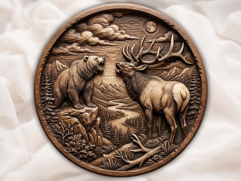 Round wood bas-relief of a roaring bear facing a bull elk on a ledge with mountains and a full moon.