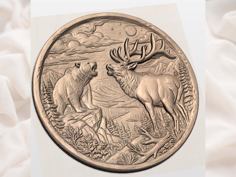 Bear and Elk Mountain Standoff Round Bas-Relief STL bas-relief STL — view 2