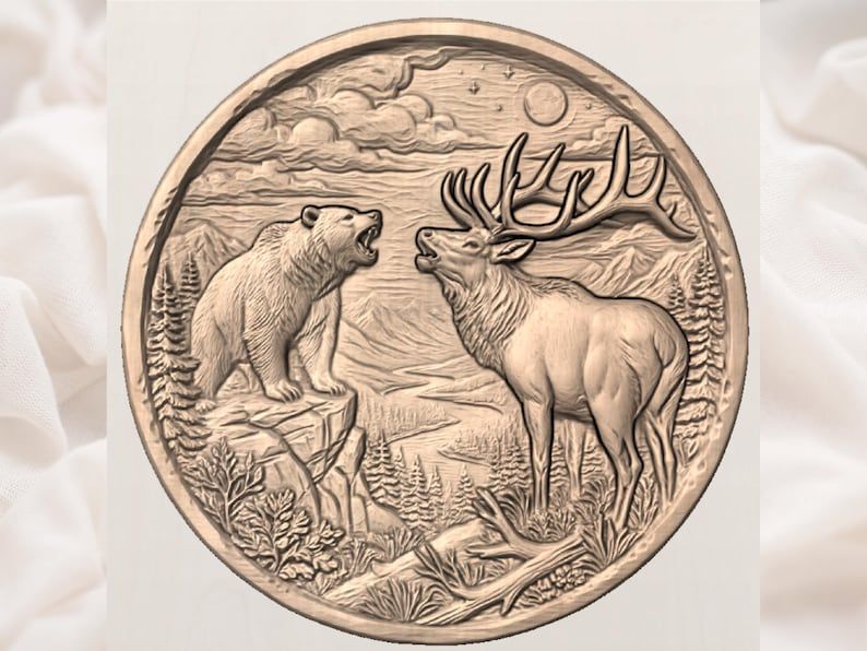 Bear and Elk Mountain Standoff Round Bas-Relief STL bas-relief STL — view 3