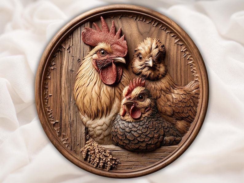 Round wood bas-relief carving of a rooster, hen and chick with wheat and weathered plank background