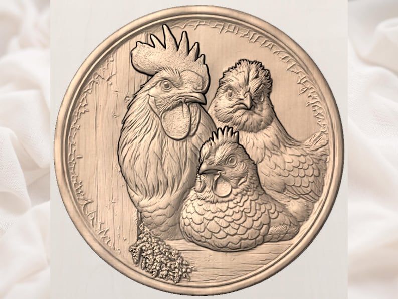 Rooster, Hen and Chick Round Bas-Relief STL for CNC Carving bas-relief STL — view 2