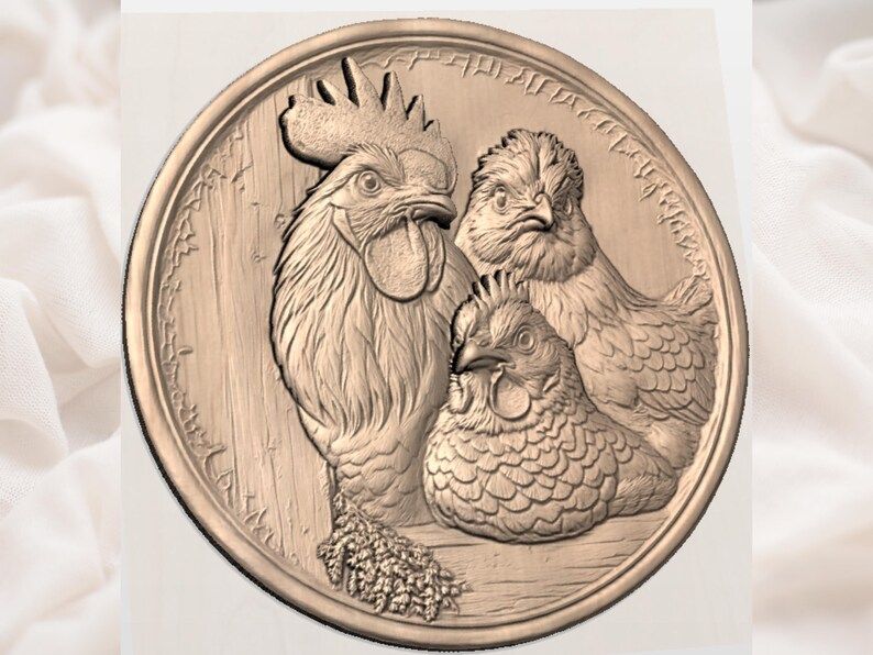 Rooster, Hen and Chick Round Bas-Relief STL for CNC Carving bas-relief STL — view 3