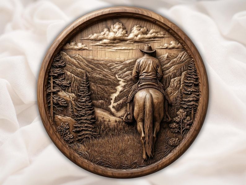 Round wood relief carving of a cowboy on horseback looking over a river valley and mountains