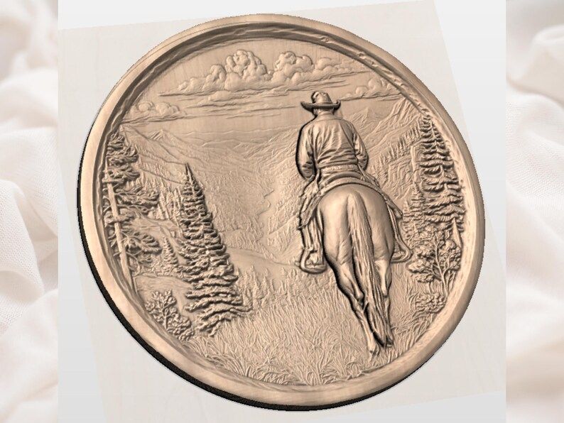 Lone Cowboy on Horseback Overlooking a Mountain Valley STL bas-relief STL — view 2