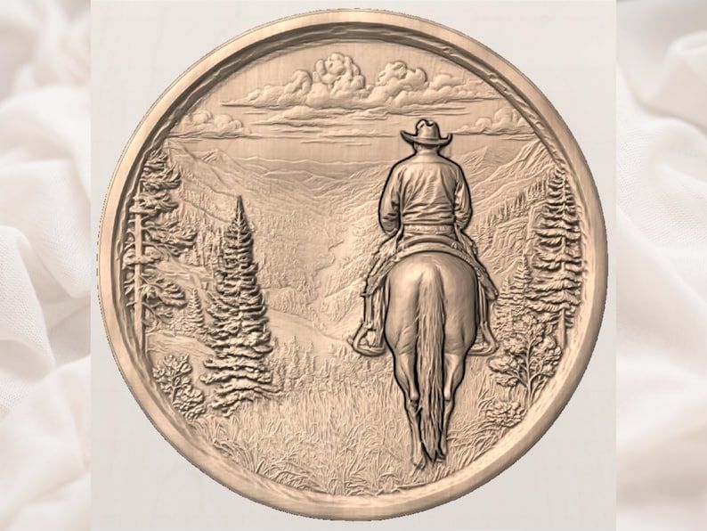 Lone Cowboy on Horseback Overlooking a Mountain Valley STL bas-relief STL — view 3