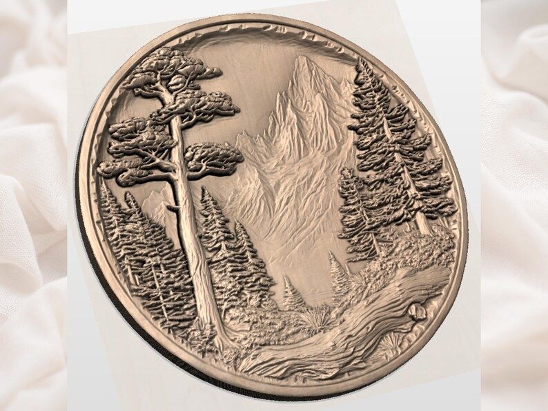 Round Mountain Forest Scene with Snowcapped Peaks STL Relief bas-relief STL — view 2