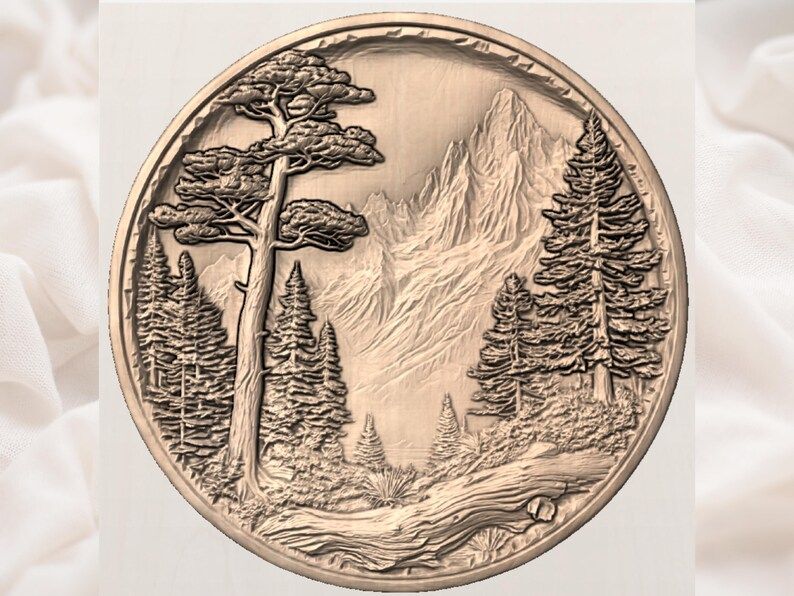 Round Mountain Forest Scene with Snowcapped Peaks STL Relief bas-relief STL — view 3