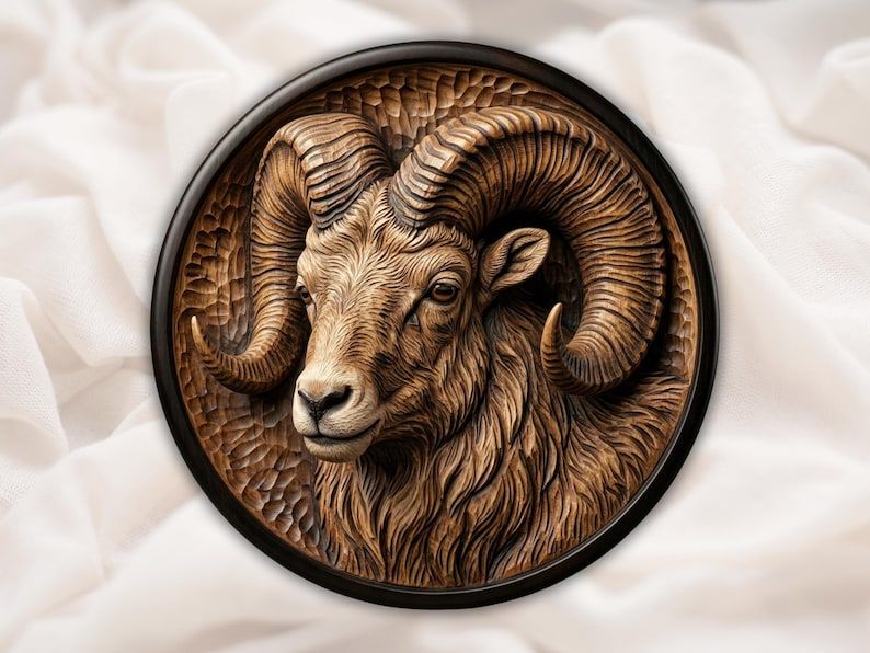 Round wood bas-relief carving of a bighorn ram head with large curled horns and flowing fur.
