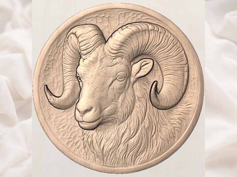 Bighorn Ram Head Round Bas-Relief STL for CNC Carving bas-relief STL — view 3