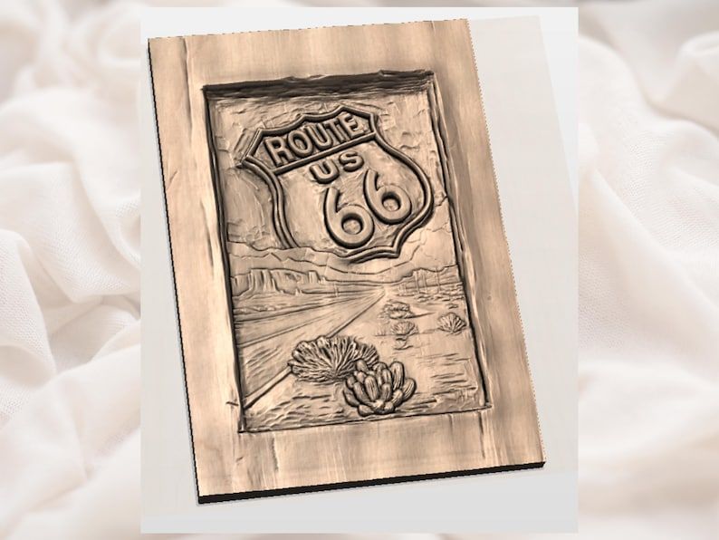 Route 66 Highway Shield STL with Desert Road and Cactus Relief bas-relief STL — view 2