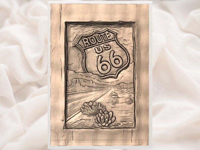 Route 66 Highway Shield STL with Desert Road and Cactus Relief bas-relief STL — view 3