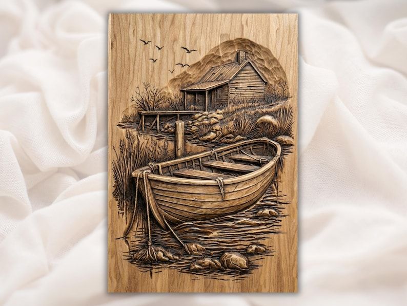 Carved wood relief of a wooden rowboat on a lake shore with a rustic cabin, dock, reeds, and birds