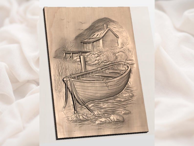 Wooden Rowboat and Lakeside Cabin Bas-Relief STL Carving bas-relief STL — view 2