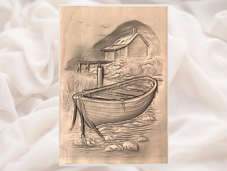 Wooden Rowboat and Lakeside Cabin Bas-Relief STL Carving bas-relief STL — view 3